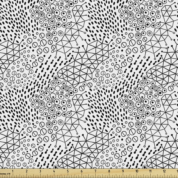 Geometric Sofa Upholstery Fabric by the Yard, Minimalist Toned Abstract Creative Doodle Forms Triangles Rings Spouts, Decorative Fabric for DIY and Home Accents, Charcoal Grey White by Ambesonne