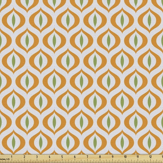 Geometric Sofa Upholstery Fabric by the Yard, Retro Cats Eye Pattern in Vintage Colors Classic, Decorative Fabric for DIY and Home Accents, Orange Fern Green White by Ambesonne