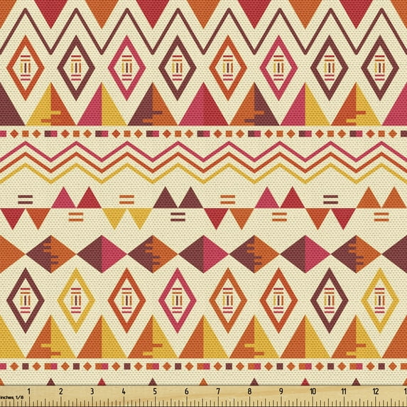 Geometric Sofa Upholstery Fabric by the Yard, Retro Style Design Repeated Tribal Art Motifs Triangles and Rhombuses, Decorative Fabric for DIY and Home Accents, Eggshell Multicolor by Ambesonne