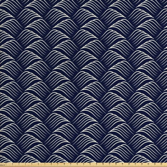Geometric Sofa Upholstery Fabric by the Yard, Vintage Ocean Waves Design with Swirled Ripples Ancestral Ornate Nautical, Decorative Fabric for DIY and Home Accents, Dark Blue Cream by Ambesonne