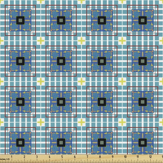 Geometric Sofa Upholstery Fabric by the Yard, Vintage Style Squares Along Inner Checkered Stripes Ornamental Motifs, Decorative Fabric for DIY and Home Accents, Turquoise Multicolor by Ambesonne