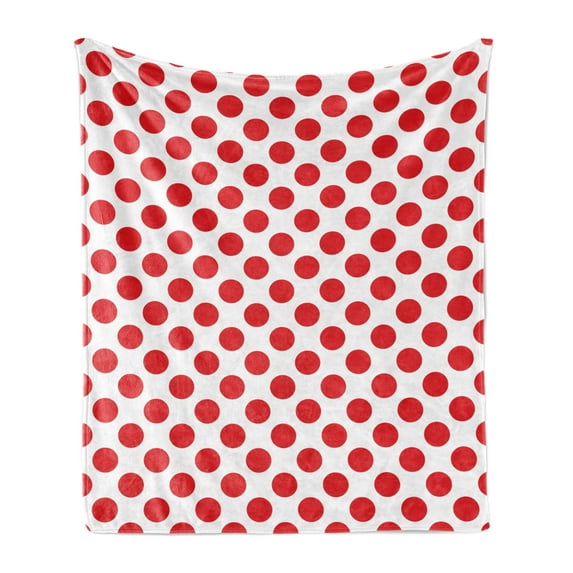 Geometric Soft Flannel Fleece Blanket, 50s 60s Old Pop Art Retro Vintage Polka Dots Rounds Circles Design Art Print, Cozy Plush for Indoor and Outdoor Use, 50" x 60", Scarlet White, by Ambesonne