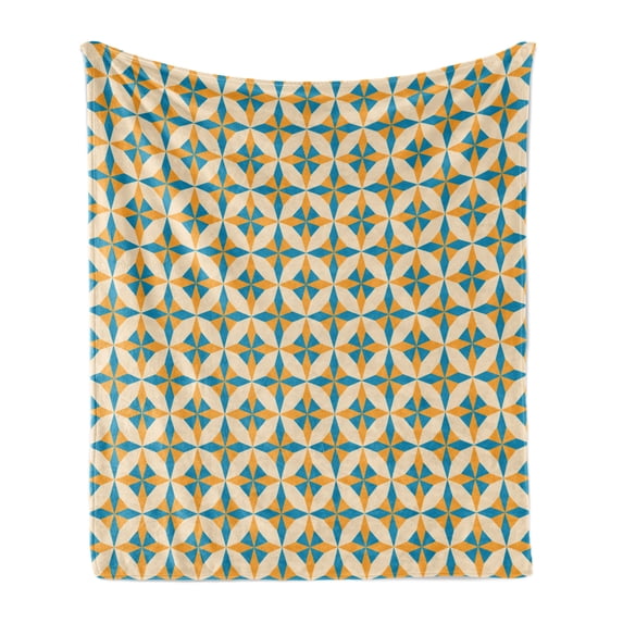Geometric Soft Flannel Fleece Blanket, Abstract Geometric Origami Pattern Vintage Illustration Retro Style Print, Cozy Plush for Indoor and Outdoor Use, 70" x 90", Orange Teal Cream, by Ambesonne