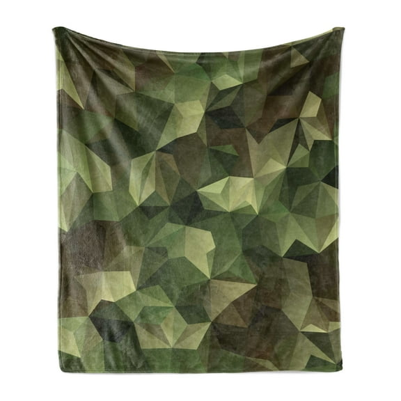 Geometric Soft Flannel Fleece Blanket, Abstract Style Composition Camouflage Design Angular Polygon Design, Cozy Plush for Indoor and Outdoor Use, 70" x 90", Olive Green Green Brown, by Ambesonne