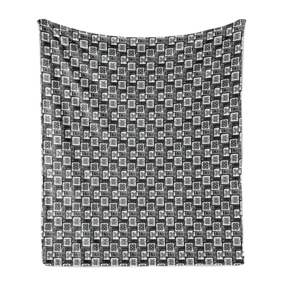 Geometric Soft Flannel Fleece Blanket, Adinkra Ashanti Culture in Repeated Pattern Tribal Design Greyscale Cultural, Cozy Plush for Indoor and Outdoor Use, 50" x 60", Dimgray White, by Ambesonne