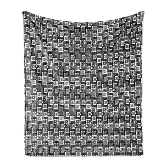 Geometric Soft Flannel Fleece Blanket, Adinkra Ashanti Culture in Repeated Pattern Tribal Design Greyscale Cultural, Cozy Plush for Indoor and Outdoor Use, 60" x 80", Dimgray White, by Ambesonne