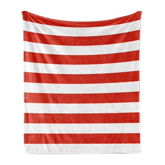 Geometric Soft Flannel Fleece Blanket, Classical Striped Pattern Bold Lines in Horizontal Direction Old Fashioned, Cozy Plush for Indoor and Outdoor Use, 50" x 70", Vermilion White, by Ambesonne