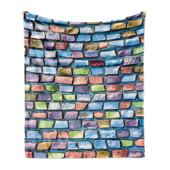 Geometric Soft Flannel Fleece Blanket, Colorful Mosaic Tiles Pattern Brick Wall Design with Grunge Effect Worn out Look, Cozy Plush for Indoor and Outdoor Use, 50" x 60", Multicolor, by Ambesonne