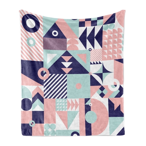 Geometric Soft Flannel Fleece Blanket, Contemporary Art Design Formed of Groovy Shapes Tricolor Doodle, Cozy Plush for Indoor and Outdoor Use, 70" x 90", Blush Indigo and Mint Green, by Ambesonne