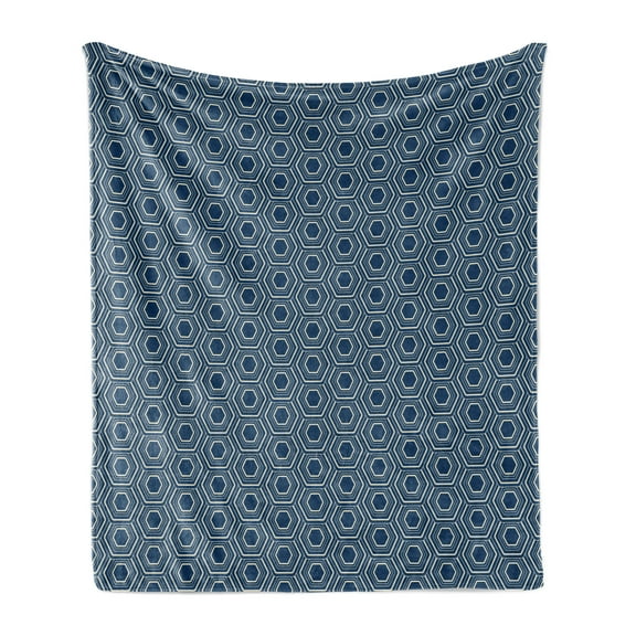 Geometric Soft Flannel Fleece Blanket, Continuing Print of Concentric Hexagons Ornamental Classic Details, Cozy Plush for Indoor and Outdoor Use, 60" x 80", Night Blue and Eggshell, by Ambesonne