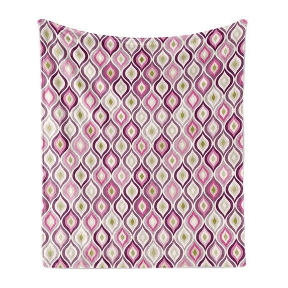 Geometric Soft Flannel Fleece Blanket, Doodle Style Ornamental Leaf Vibrant Color Scheme Abstract Artwork, Cozy Plush for Indoor and Outdoor Use, 50" x 70", Purple Pink Olive Green, by Ambesonne