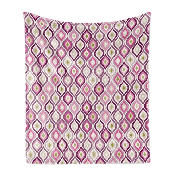 Geometric Soft Flannel Fleece Blanket, Doodle Style Ornamental Leaf Vibrant Color Scheme Abstract Artwork, Cozy Plush for Indoor and Outdoor Use, 70" x 90", Purple Pink Olive Green, by Ambesonne
