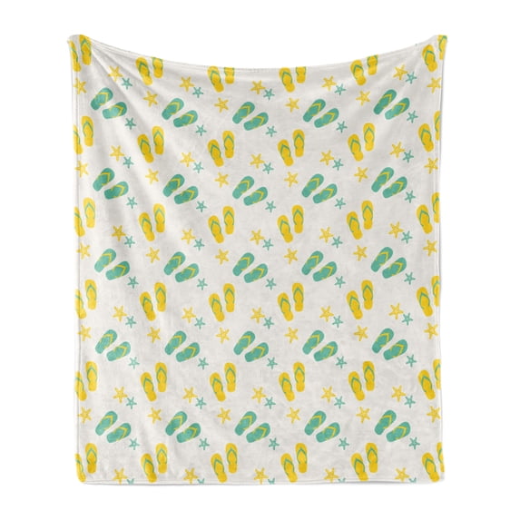 Geometric Soft Flannel Fleece Blanket, Flip Flops and Starfishes Beach Elements Exotic Poolside Theme Pattern, Cozy Plush for Indoor and Outdoor Use, 50" x 70", Seafoam Yellow White, by Ambesonne