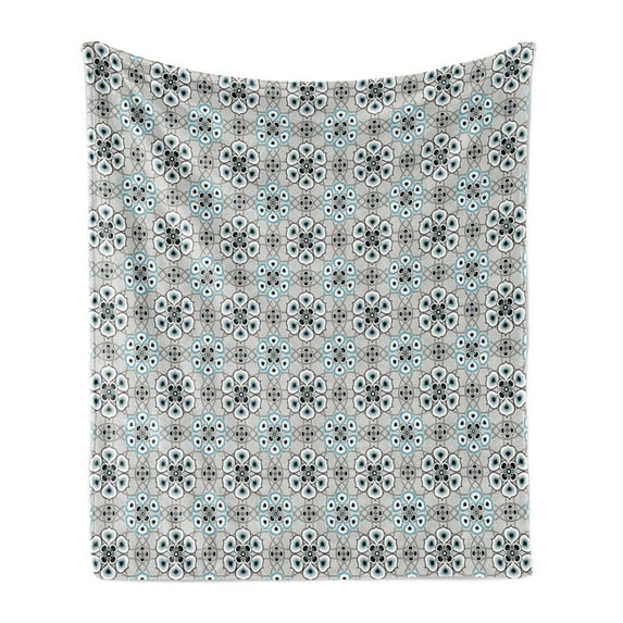Geometric Soft Flannel Fleece Blanket, Floral Arrangement and Ornamental Soft Toned Pattern Classical Petals Print, Cozy Plush for Indoor and Outdoor Use, 70" x 90", Pale Grey Blue, by Ambesonne