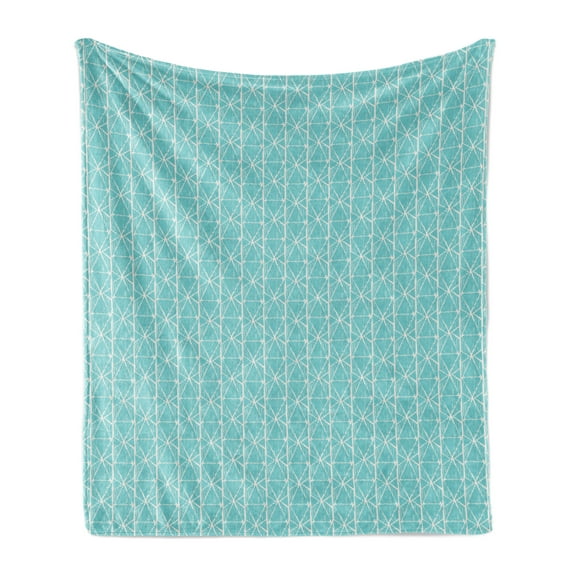 Geometric Soft Flannel Fleece Blanket, Geometry Inspired Grungy Design Triangular Pattern with Rectangles, Cozy Plush for Indoor and Outdoor Use, 70" x 90", Turquoise and Champagne, by Ambesonne