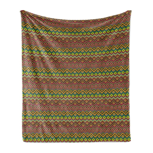 Geometric Soft Flannel Fleece Blanket, Mexican Zigzag with Stripes Rhombuses and Circles Colorful Latin American Motifs, Cozy Plush for Indoor and Outdoor Use, 70" x 90", Multicolor, by Ambesonne