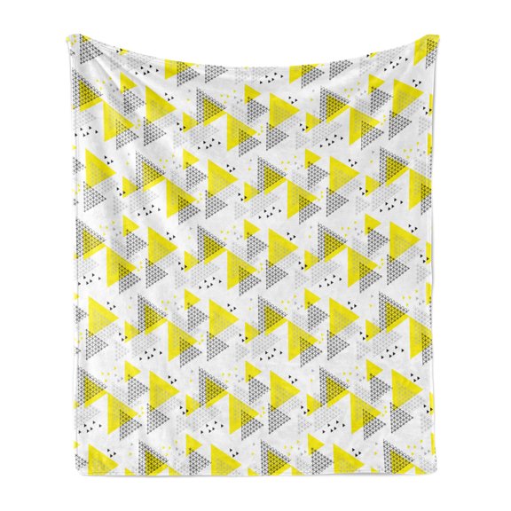 Geometric Soft Flannel Fleece Blanket, Modern Geometrical Design with a Tech Layout Grid and Triangular Style, Cozy Plush for Indoor and Outdoor Use, 50" x 60", Yellow Charcoal Grey, by Ambesonne