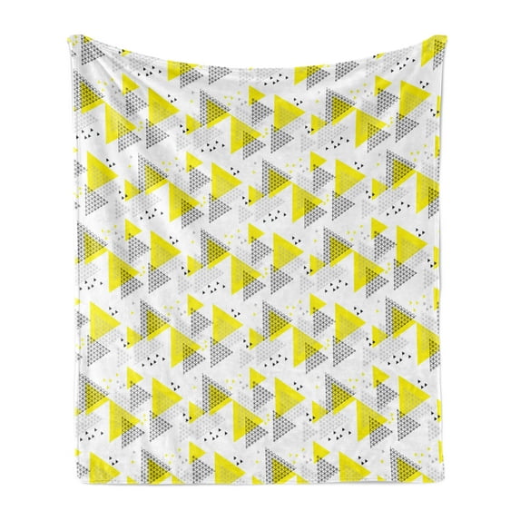 Geometric Soft Flannel Fleece Blanket, Modern Geometrical Design with a Tech Layout Grid and Triangular Style, Cozy Plush for Indoor and Outdoor Use, 50" x 70", Yellow Charcoal Grey, by Ambesonne