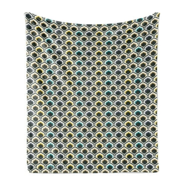 Geometric Soft Flannel Fleece Blanket, Overlapping Hexagonal Shapes with Retro Colored Chevron Elements Tile, Cozy Plush for Indoor and Outdoor Use, 50" x 70", Black Sky Blue Yellow, by Ambesonne