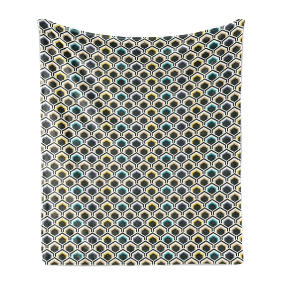 Geometric Soft Flannel Fleece Blanket, Overlapping Hexagonal Shapes with Retro Colored Chevron Elements Tile, Cozy Plush for Indoor and Outdoor Use, 50" x 70", Black Sky Blue Yellow, by Ambesonne