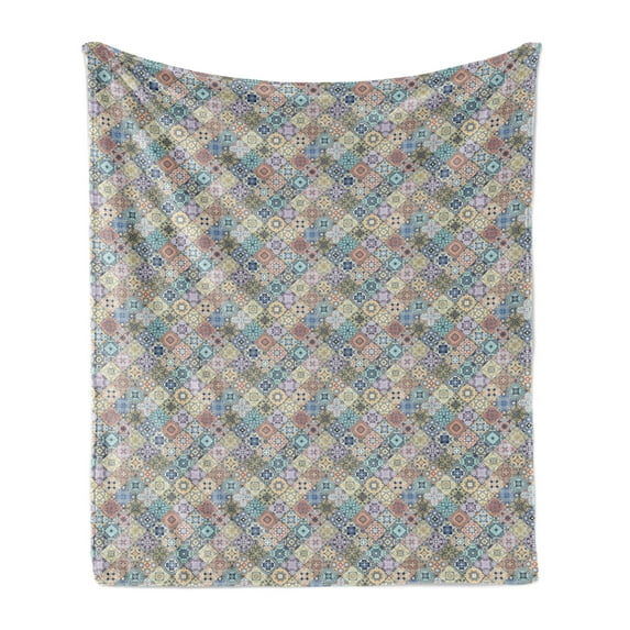 Geometric Soft Flannel Fleece Blanket, Pastel Oriental Mosaic Square Scraps Effect Tile Pattern Folkloric Cultural Art, Cozy Plush for Indoor and Outdoor Use, 50" x 70", Multicolor, by Ambesonne