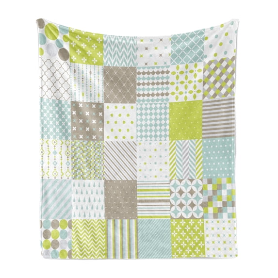 Geometric Soft Flannel Fleece Blanket, Patchwork Style Ornamental Squares with Various Polka Dots Stripes, Cozy Plush for Indoor and Outdoor Use, 70" x 90", Avocado Green Pale Sepia, by Ambesonne