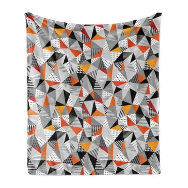 Geometric Soft Flannel Fleece Blanket, Polygonal Pattern Checkered Design Triangles and Lines Pattern Modern Art, Cozy Plush for Indoor and Outdoor Use, 50" x 60", Orange Black White, by Ambesonne