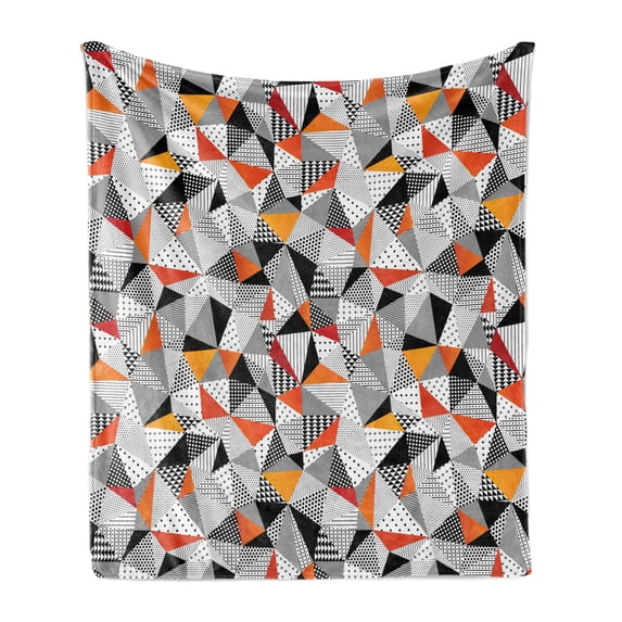 Geometric Soft Flannel Fleece Blanket, Polygonal Pattern Checkered Design Triangles and Lines Pattern Modern Art, Cozy Plush for Indoor and Outdoor Use, 70" x 90", Orange Black White, by Ambesonne