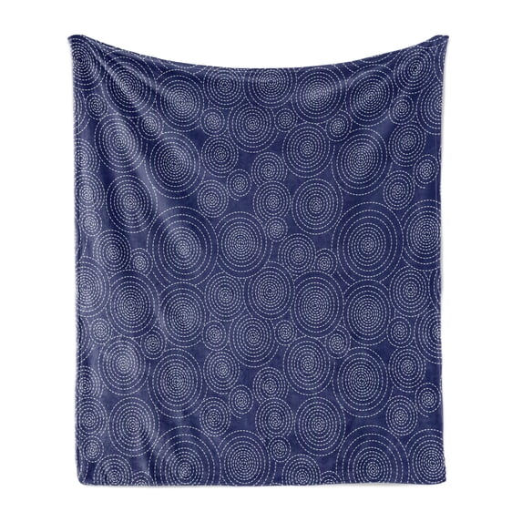 Geometric Soft Flannel Fleece Blanket, Repeating Spirals Formed by Dashed Lines Japanese Sashiko Quilting Pattern, Cozy Plush for Indoor and Outdoor Use, 60" x 80", Indigo and White, by Ambesonne