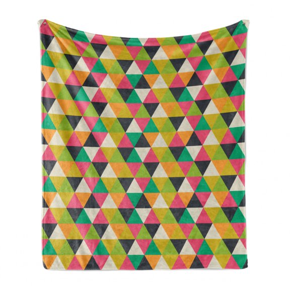 Geometric Soft Flannel Fleece Blanket, Retro Hipster Pattern with Mosaic Tiles in Triangular Form Colorful Illustration, Cozy Plush for Indoor and Outdoor Use, 50" x 70", Multicolor, by Ambesonne