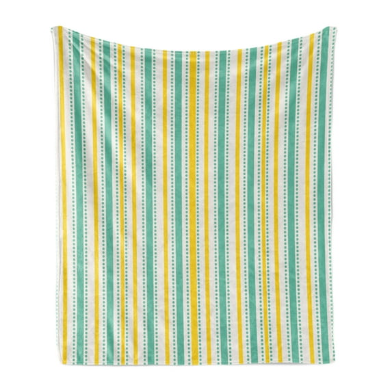 Geometric Soft Flannel Fleece Blanket, Summer Season Inspired Exotic Toned Vertical Stripes and Dots Abstract, Cozy Plush for Indoor and Outdoor Use, 50" x 70", Seafoam Yellow White, by Ambesonne