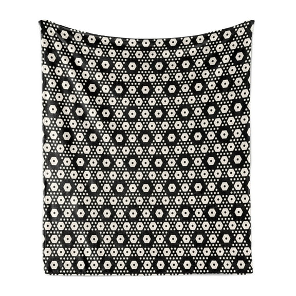 Geometric Soft Flannel Fleece Blanket, Symmetric Pattern Big and Small Hexagon Forms Modern Style Abstract Design, Cozy Plush for Indoor and Outdoor Use, 60" x 80", Black and Beige, by Ambesonne
