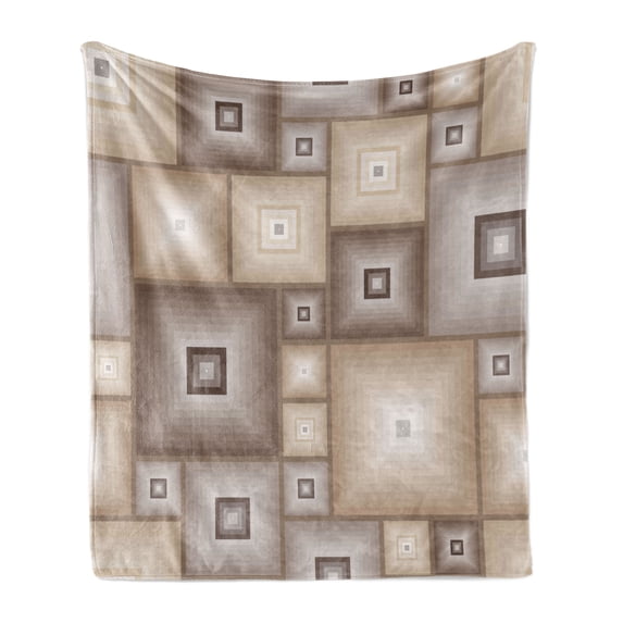 Geometric Soft Flannel Fleece Blanket, Various Cubic and Square Form Pattern Design Vintage Style Retro Graphic Print, Cozy Plush for Indoor and Outdoor Use, 50" x 60", Brown Cream, by Ambesonne