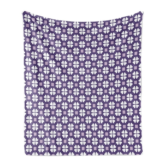 Geometric Soft Flannel Fleece Throw Blanket, 4 Leaf Clovers and Violet Square on Purple Background, Cozy Plush for Indoor and Outdoor Use, 50" x 60", Lilac Dark Violet, by Ambesonne
