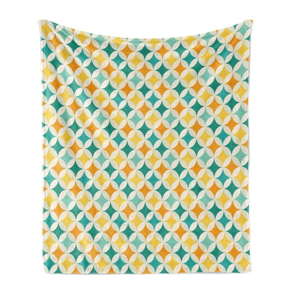 Geometric Soft Flannel Fleece Throw Blanket, Abstract Colorful Pattern Circular and Diamond Shaped Cubic Print, Cozy Plush for Indoor and Outdoor Use, 50" x 60", Yellow and Blue, by Ambesonne