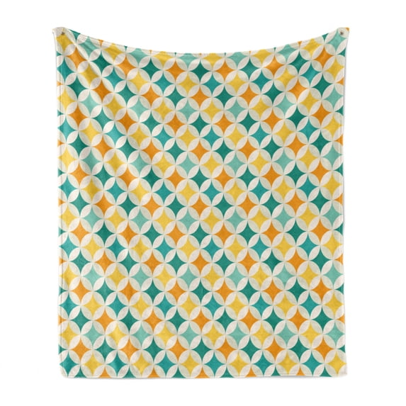 Geometric Soft Flannel Fleece Throw Blanket, Abstract Colorful Pattern Circular and Diamond Shaped Cubic Print, Cozy Plush for Indoor and Outdoor Use, 70" x 90", Yellow and Blue, by Ambesonne