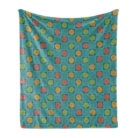 Geometric Soft Flannel Fleece Throw Blanket, Abstract Square Box and Inner Spiraling Dotted Circles on Teal Background, Cozy Plush for Indoor and Outdoor Use, 60" x 80", Multicolor, by Ambesonne