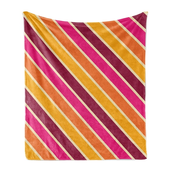 Geometric Soft Flannel Fleece Throw Blanket, Angled Diagonal Stripes with Retro Design Colorful Sixties Style Composition, Cozy Plush for Indoor and Outdoor Use, 70" x 90", Multicolor, by Ambesonne