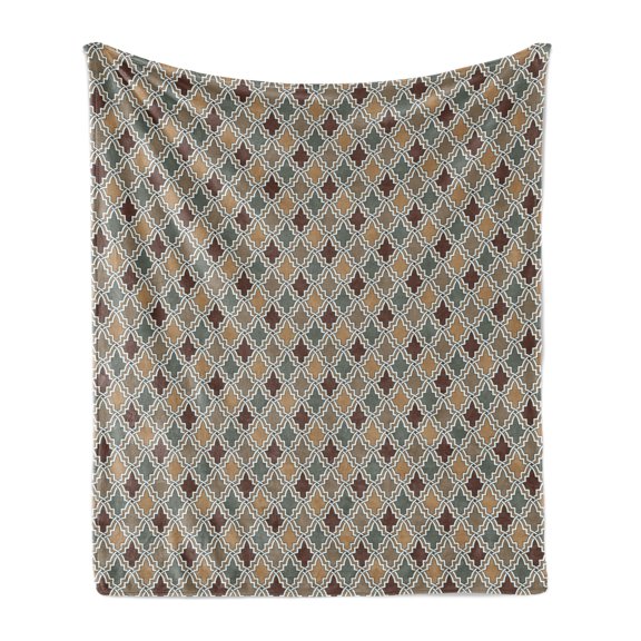 Geometric Soft Flannel Fleece Throw Blanket, Antique Eastern Pattern Oriental Style Moroccan Influences, Cozy Plush for Indoor and Outdoor Use, 70" x 90", Tan Brown Sage Green, by Ambesonne