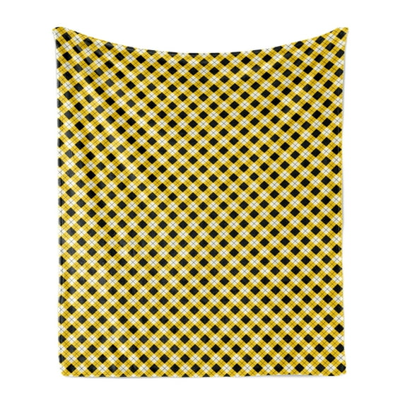 Geometric Soft Flannel Fleece Throw Blanket, Argyle Pattern with Rhombuses and Dotted Lines Grid Plaid Design, Cozy Plush for Indoor and Outdoor Use, 60" x 80", Yellow Black and White, by Ambesonne