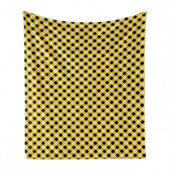 Geometric Soft Flannel Fleece Throw Blanket, Argyle Pattern with Rhombuses and Dotted Lines Grid Plaid Design, Cozy Plush for Indoor and Outdoor Use, 70" x 90", Yellow Black and White, by Ambesonne