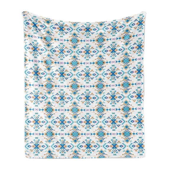 Geometric Soft Flannel Fleece Throw Blanket, Artwork of Colorful Tribal Inspired Shapes, Cozy Plush for Indoor and Outdoor Use, 60" x 80", Sky Blue Pastel Brown, by Ambesonne