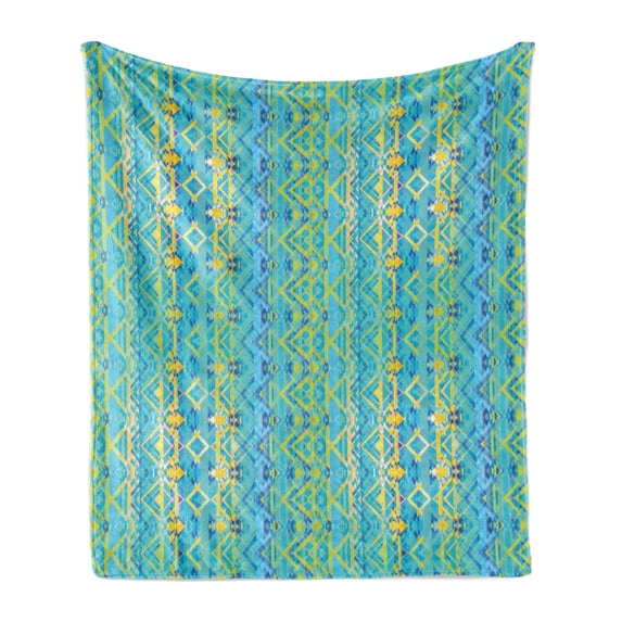 Geometric Soft Flannel Fleece Throw Blanket, Aztec Retro Zigzag Prehistoric Traditional Heritage Hippie Design, Cozy Plush for Indoor and Outdoor Use, 50" x 60", Earth Yellow Turquoise, by Ambesonne