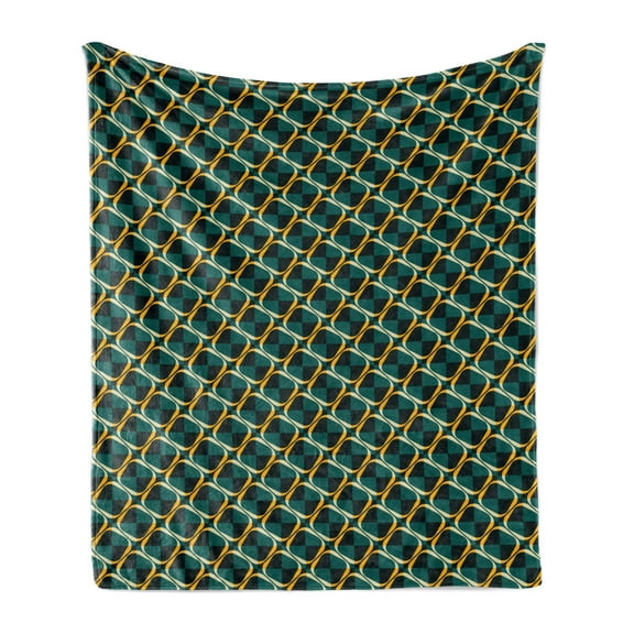 Geometric Soft Flannel Fleece Throw Blanket, Checkered Pattern in Dark Green Tones and Abstract Rings Lattice Grid Design, Cozy Plush for Indoor and Outdoor Use, 50" x 60", Multicolor, by Ambesonne