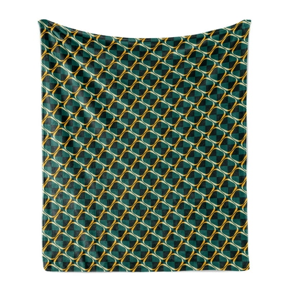Geometric Soft Flannel Fleece Throw Blanket, Checkered Pattern in Dark Green Tones and Abstract Rings Lattice Grid Design, Cozy Plush for Indoor and Outdoor Use, 50" x 60", Multicolor, by Ambesonne