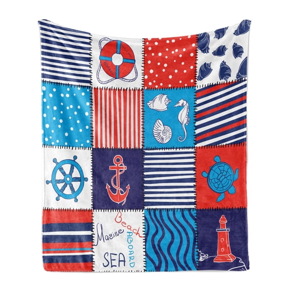 Geometric Soft Flannel Fleece Throw Blanket, Checkered Style Nautical Elements Composition with Anchor Helm and Fish Motifs, Cozy Plush for Indoor and Outdoor Use, 60" x 80", Multicolor, by Ambesonne
