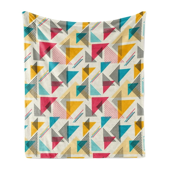 Geometric Soft Flannel Fleece Throw Blanket, Colorful Memphis Style Triangles Abstract Forms Repetition Design, Cozy Plush for Indoor and Outdoor Use, 60" x 80", Eggshell and Multicolor, by Ambesonne