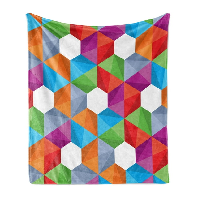 Geometric Soft Flannel Fleece Throw Blanket, Colorful Retro Geometric Triangle and Polygonal Mosaic Pattern Interior Design, Cozy Plush for Indoor and Outdoor Use, 70" x 90", Multicolor, by Ambesonne