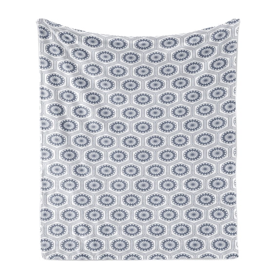 Geometric Soft Flannel Fleece Throw Blanket, Comb Design Kikko Tortoise Shell Pattern Western Influences Hexagon Motifs, Cozy Plush for Indoor and Outdoor Use, 70" x 90", Grey White, by Ambesonne