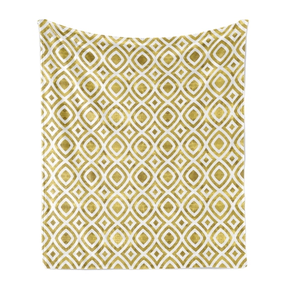 Geometric Soft Flannel Fleece Throw Blanket, Convex Shape Concentric Diamonds and Concave Form Rotated Squares, Cozy Plush for Indoor and Outdoor Use, 60" x 80", Earth Yellow and White, by Ambesonne